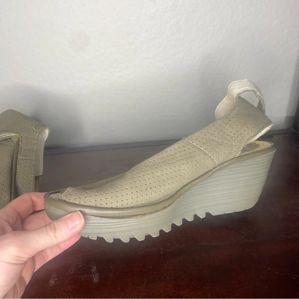Fly London Beige Perforated Ankle-Strap Wedge Sandals